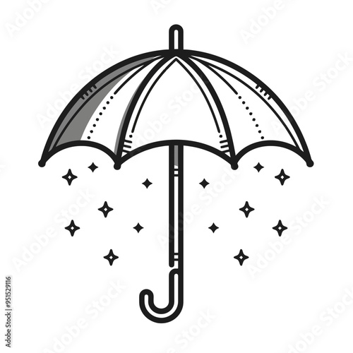 Stylish black and white umbrella illustration with raindrops, perfect for themes related to rain and weather.