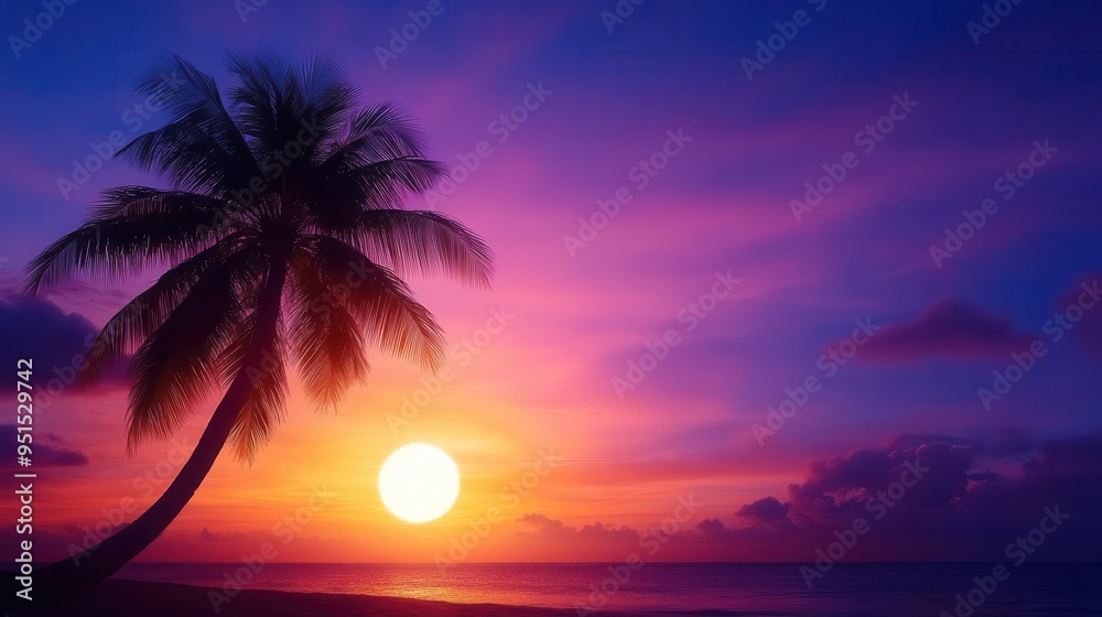 A stunning sunset over the ocean, with a silhouetted palm tree and vibrant, colorful sky creating a tranquil scene. A stunning sunset over the ocean, with a silhouetted palm tree and vibrant, colorful sky creating a tranquil scene.