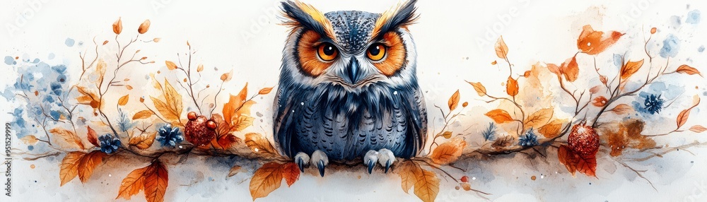 Obraz premium A majestic owl perched on a colorful branch adorned with autumn leaves and blossoms, capturing the essence of wildlife.