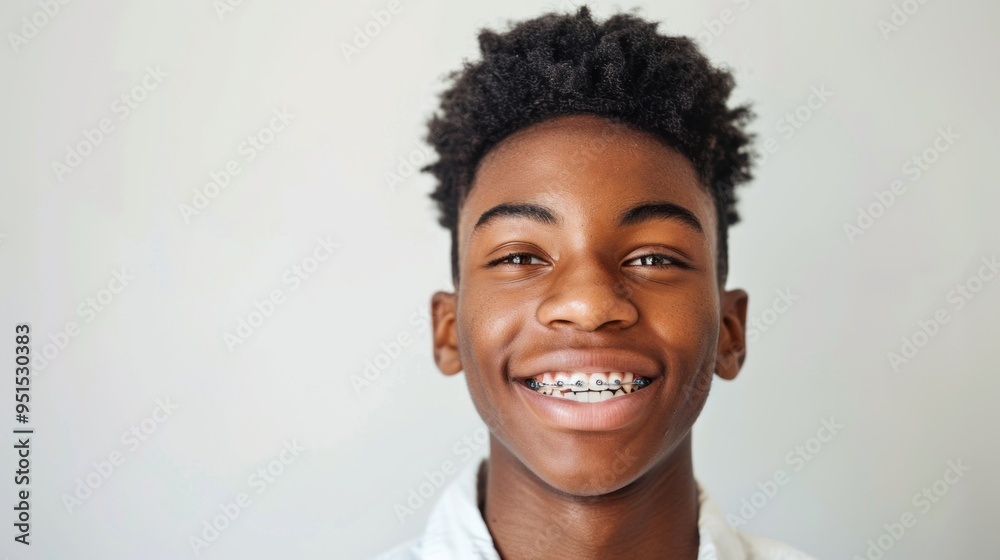 A young man with braces is smiling for the camera A young man with braces is smiling for the camera