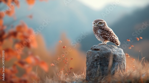 An owl sitting on a rugged stone podium in a natural, earthy environment. photo