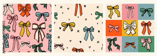 Set of Seamless Christmas patterns with various doodle bow knots, gift ribbons. Trendy hair braiding accessory. Hand drawn vector illustration. Holiday background, wrapping paper.