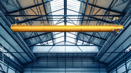 A yellow overhead crane with a lifting block is showcased prominently in a modern hangar, surrounded by a sleek grey steel structure