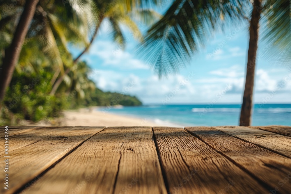 Empty wooden table with blurred beach with coconut trees in the background with generative ai Empty wooden table with blurred beach with coconut trees in the background with generative ai