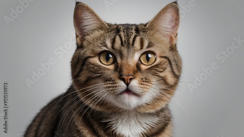 Studio portrait of funny and excited cat face showing shocked or surprised expression isolated on transparent png background. 