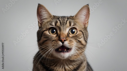 Studio portrait of funny and excited cat face showing shocked or surprised expression isolated on transparent png background.

