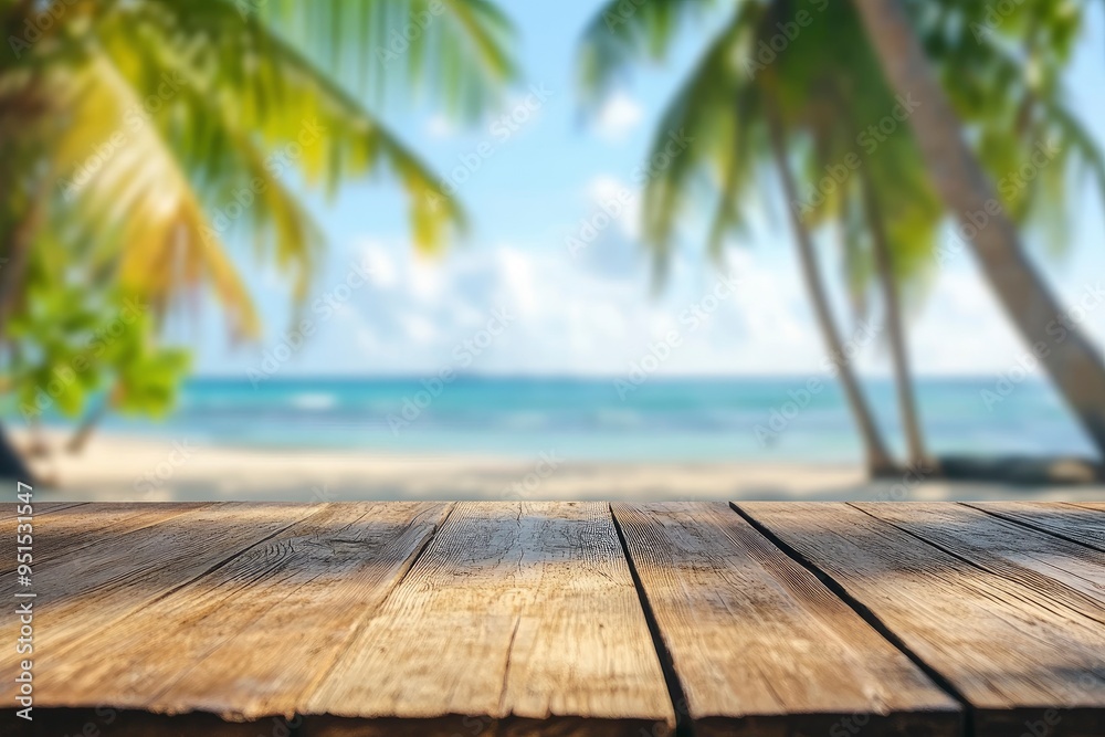 Empty wooden table with blurred beach with coconut trees in the background with generative ai Empty wooden table with blurred beach with coconut trees in the background with generative ai
