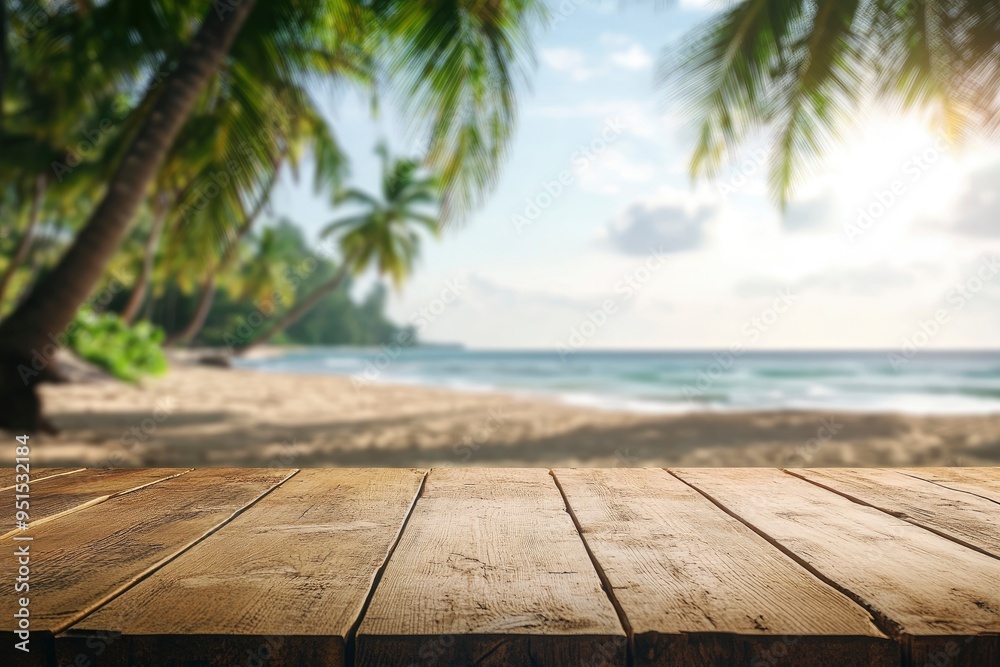 Empty wooden table with blurred beach with coconut trees in the background with generative ai Empty wooden table with blurred beach with coconut trees in the background with generative ai