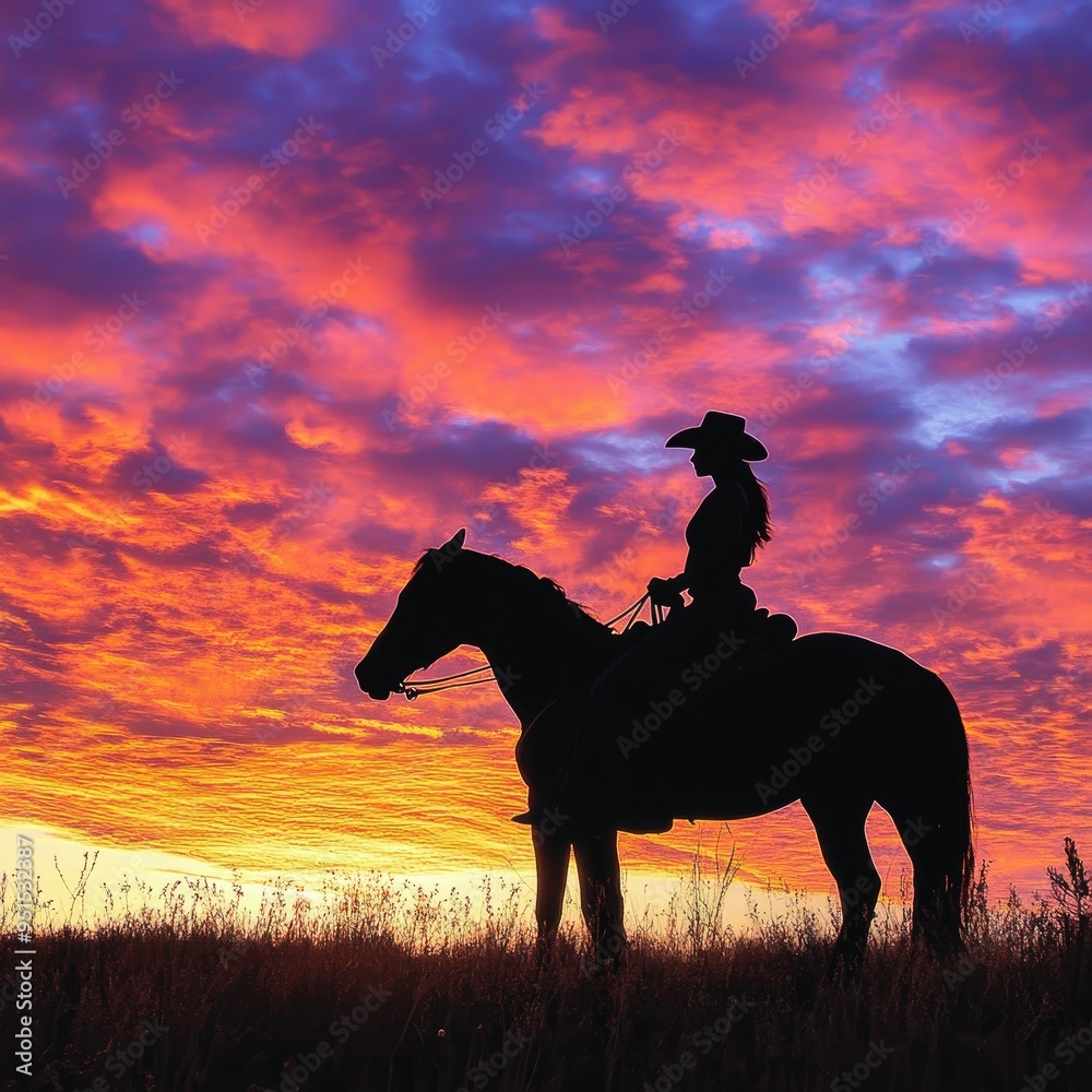 Cowgirl silhouette on horseback, outlined against a vibrant sunset, embodying the spirit of the Wild West Cowgirl silhouette on horseback, outlined against a vibrant sunset, embodying the spirit of the Wild West