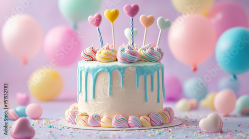 Colorful birthday cake with heart-topped decorations and pastel balloons in the background, celebrating a festive occasion with sweets and joy. photo