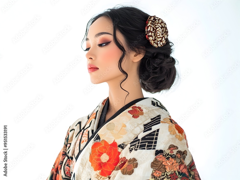 Elegant Asian Woman in Ornate Kimono with Intricate Hair Ornaments and Geometric Patterns Elegant Asian Woman in Ornate Kimono with Intricate Hair Ornaments and Geometric Patterns