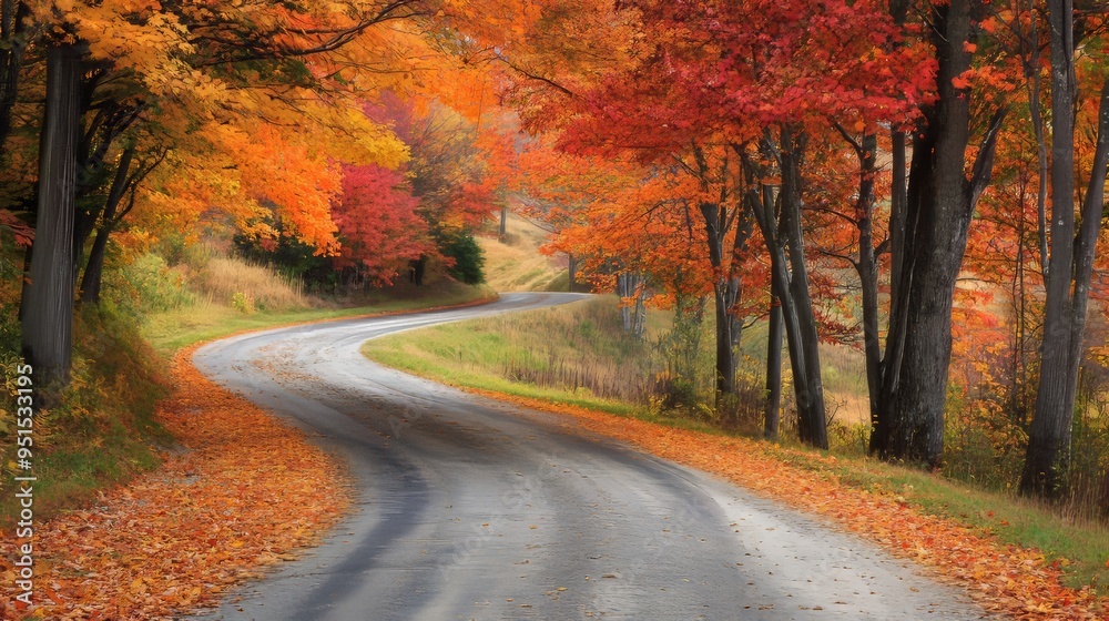 Winding country road lined with vibrant maple trees, fallen leaves scattered Winding country road lined with vibrant maple trees, fallen leaves scattered