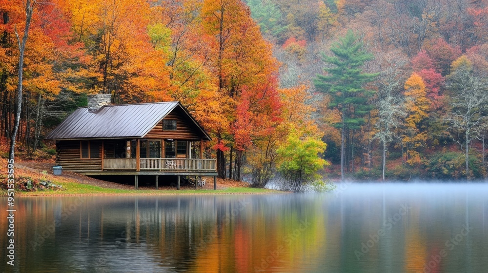 Wooden cabin by a misty lake, surrounded by a rainbow of fall foliage Wooden cabin by a misty lake, surrounded by a rainbow of fall foliage