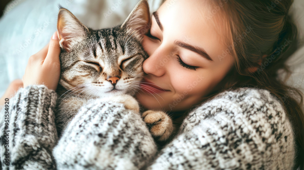 A happy young woman hugs and kisses her cute cat, radiating warmth and affection in a cozy bedroom environment filled with love