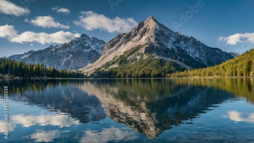 Panoramic scene of mountain and its reflection in blue lake