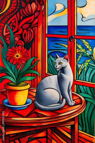 cat on the window,an abstract paintin in viberant red color photo