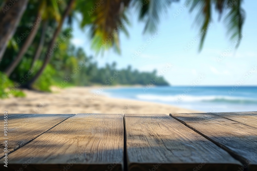 Empty wooden table with blurred beach with coconut trees in the background with generative ai Empty wooden table with blurred beach with coconut trees in the background with generative ai