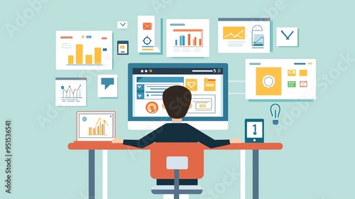 A person analyzing data on a computer, surrounded by various charts and graphs, symbolizing digital analytics and business insights.