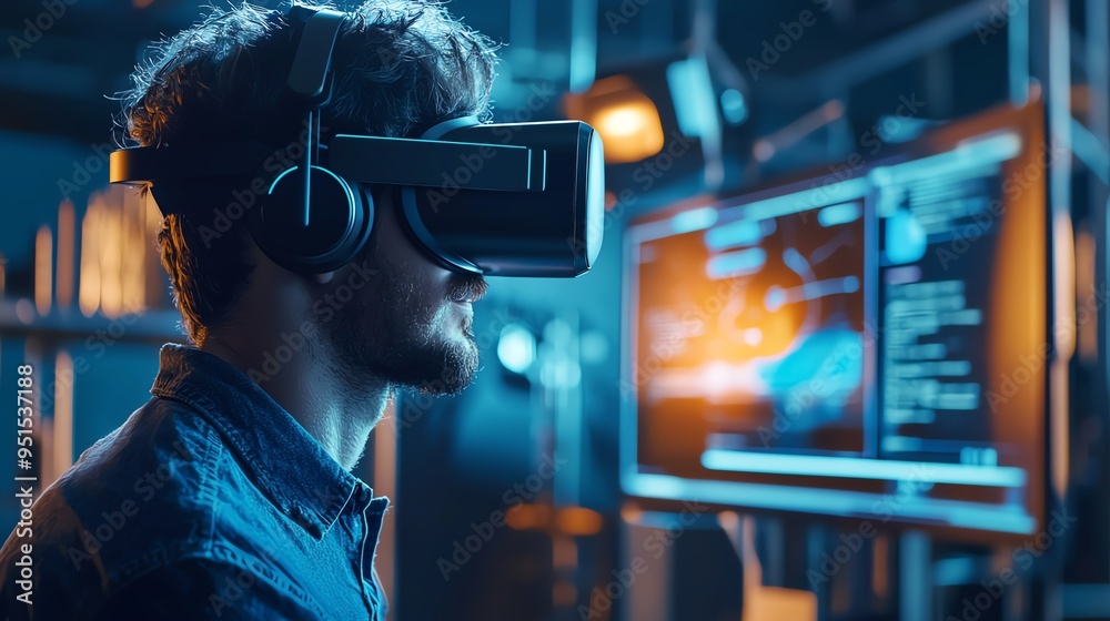 A young man experiencing virtual reality with a headset, showcasing immersive technology and modern gaming trends in a tech environment.