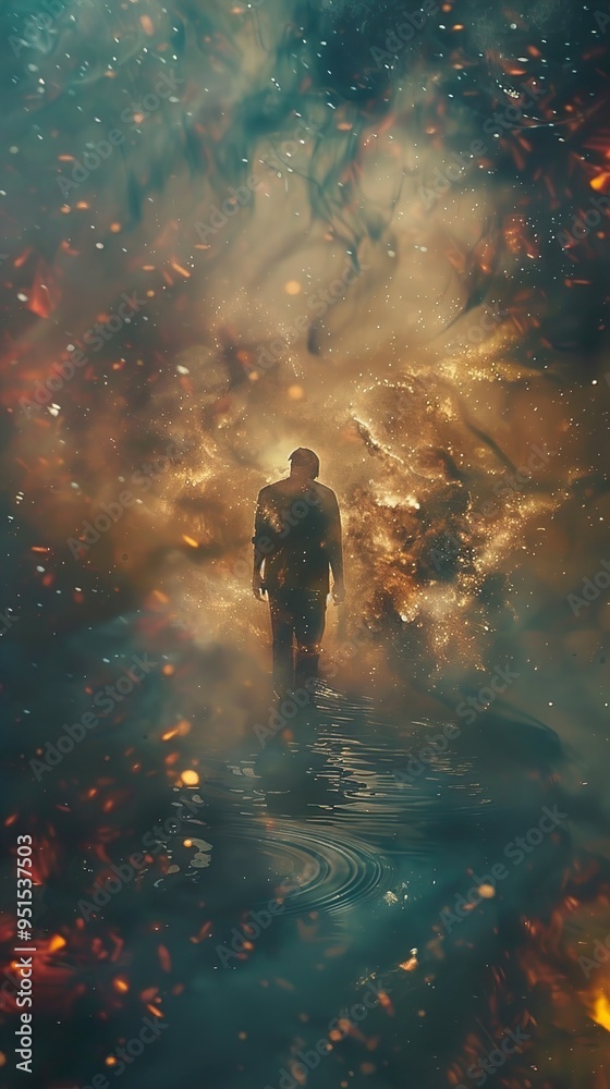 A Man Walks Through a Dreamlike Landscape of Fire and Water A Man Walks Through a Dreamlike Landscape of Fire and Water