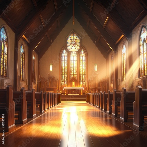 Interior of a church, with wooden pews, a grand altar, and sunlight filtering through stained glass windows