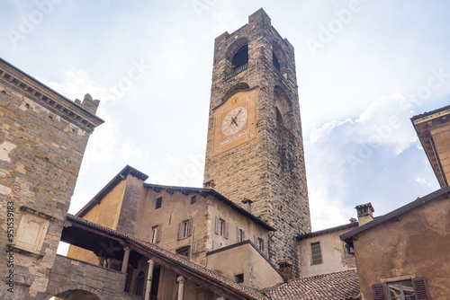 The Campanone bell tower at Piazza Vecchia square in Bergamo Upper City, Italy, Europe.