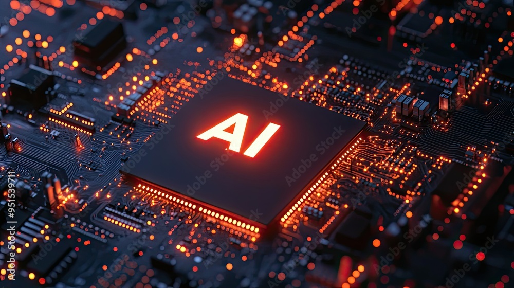 Microchip symbolizing artificial intelligence with intricate details, glowing lines, and the letters Microchip symbolizing artificial intelligence with intricate details, glowing lines, and the letters