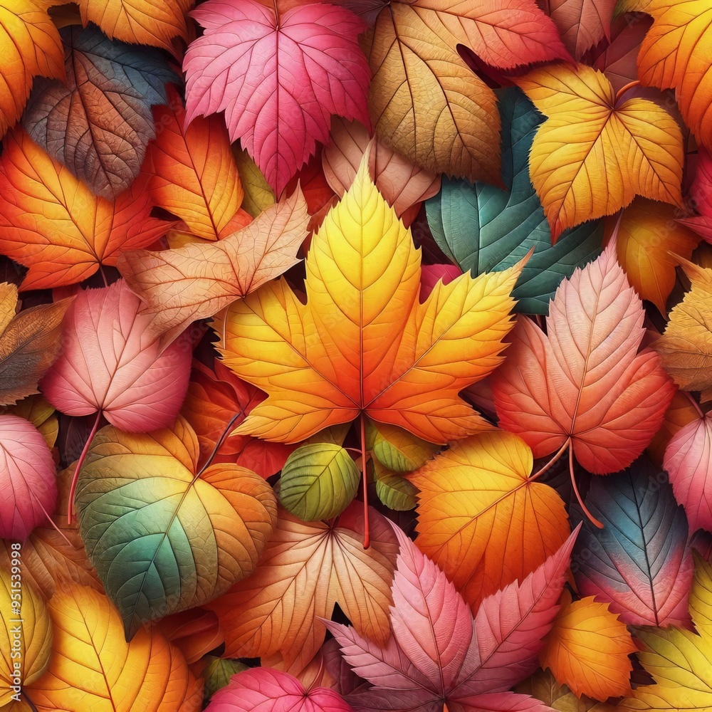 Fototapeta premium Autumn Seamless Floral Pattern with Vibrant Leaves
