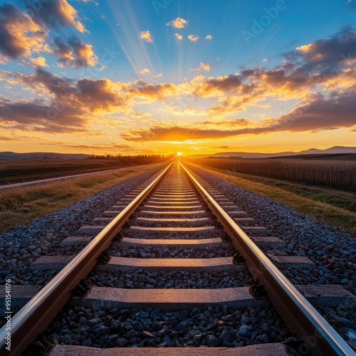 Railroad track stretching into the horizon, with a sunset casting warm light on the rails and the surrounding landscape