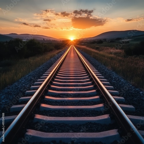 Railroad track stretching into the horizon, with a sunset casting warm light on the rails and the surrounding landscape