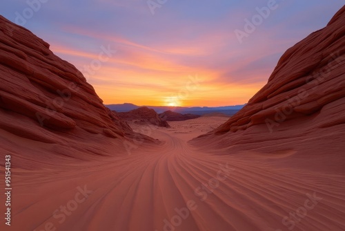 Breathtaking desert landscape at sunset, showcasing vibrant hues against stunning rock formations and serene sandy terrain.