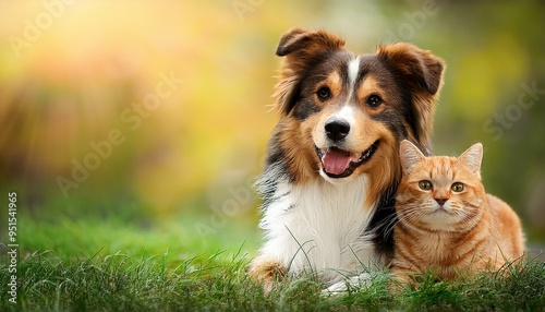 happy dog and cat on blurred green background. portrait of a dog and cat