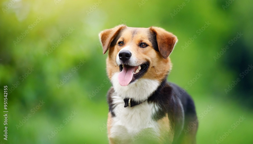 happy dog on blurred green background. portrait of a dog happy dog on blurred green background. portrait of a dog