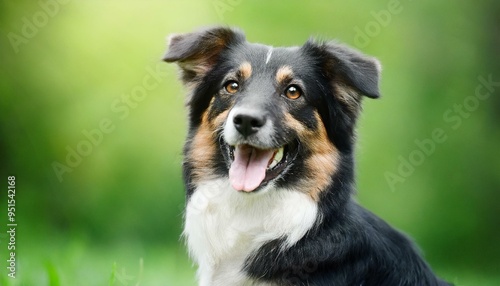 happy dog on blurred green background. portrait of a dog