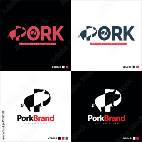 pork pig initial p letter restaurant food barn silhouette logo set template design