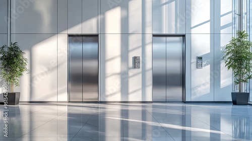 Shiny silver elevator doors in a business building lobby, with clean lines and a minimalist design that exudes sophistication.