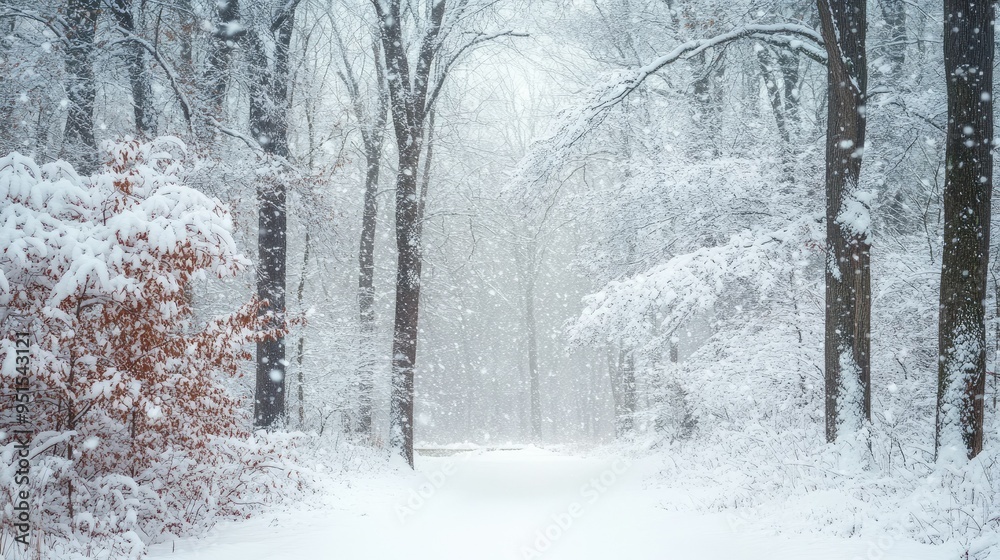 Fototapeta premium Snow gently falling in a quiet forest, creating a magical winter scene with trees draped in white.