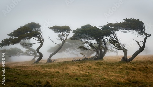 Trees bent by strong wind force in a foggy landscape, symbolizing the power and impact of wind. photo