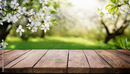 Wooden Table with Blooming Spring Flowers Backdrop
