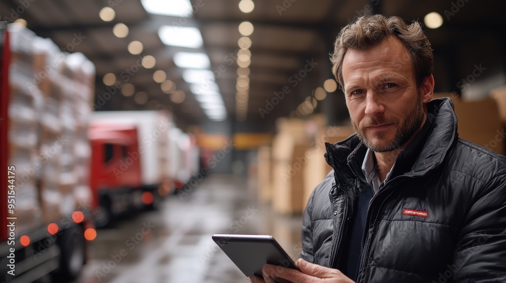 A businessman checking his tablet with a warehouse dock in the background, trucks loading and the scene blurred for a focused effect A businessman checking his tablet with a warehouse dock in the background, trucks loading and the scene blurred for a focused effect