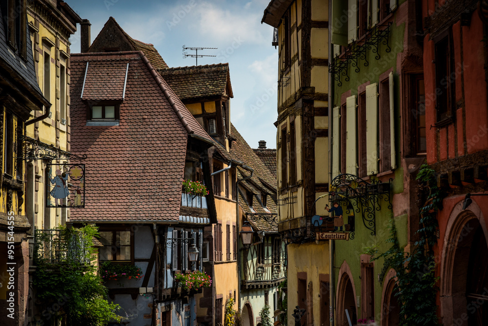Street view on the beautiful village of Riquewihr in Alsace Street view on the beautiful village of Riquewihr in Alsace
