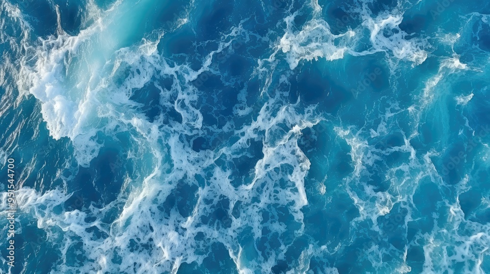 aerial top view background photo of ocean sea water white wave splashing in the deep sea