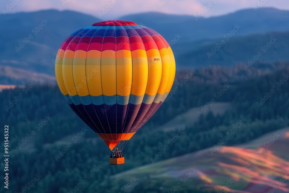 Obraz premium Colorful hot air balloon soaring over scenic mountains during a picturesque sunset, capturing the essence of adventure and freedom.