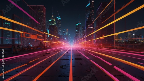 A futuristic city street at night, with colorful light trails and skyscrapers.

