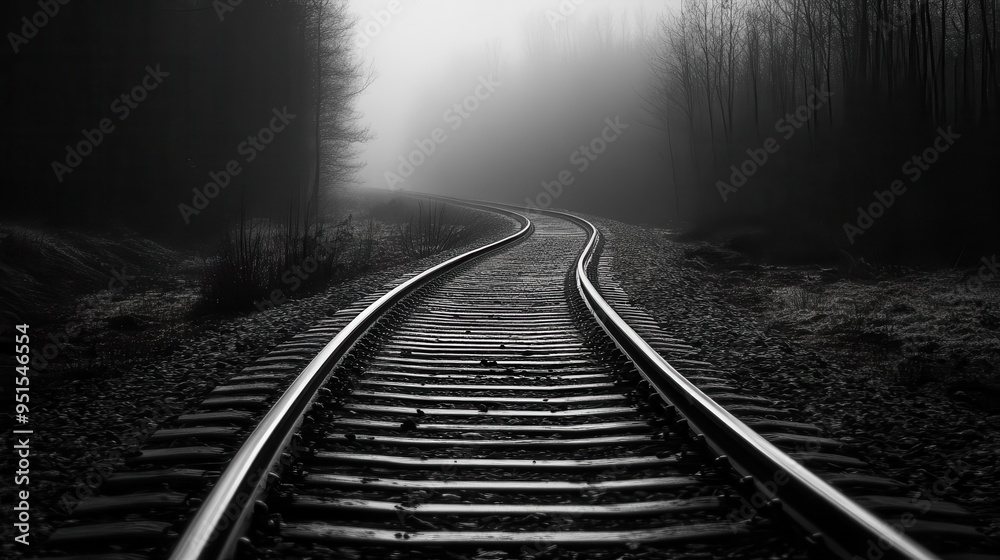 Fototapeta premium Eerie fog envelops a winding railway track, creating a mysterious atmosphere in a dense forest setting.