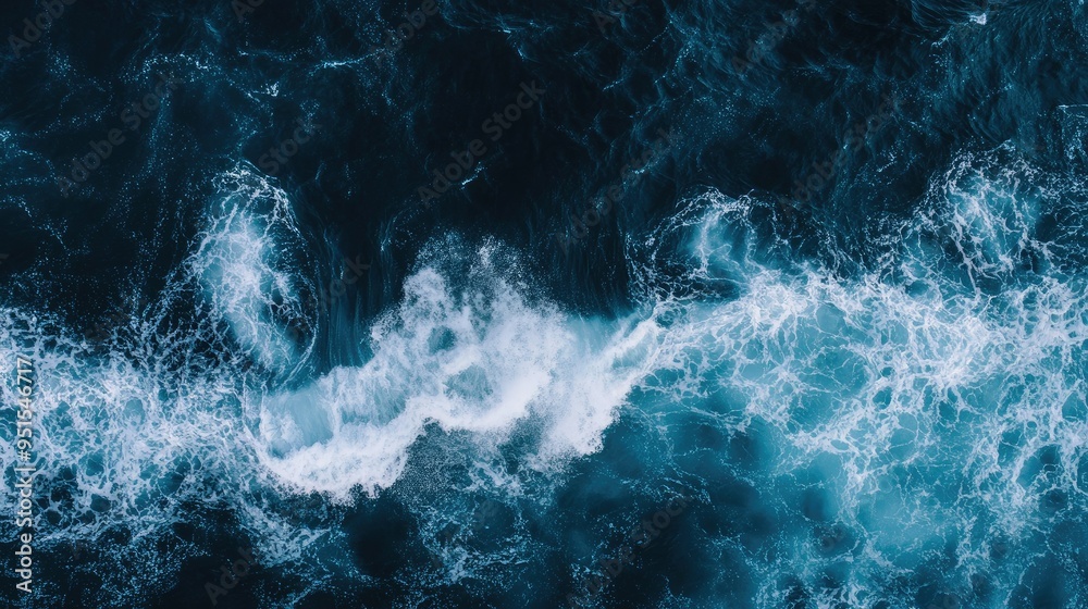 aerial top view background photo of ocean sea water white wave splashing in the deep sea