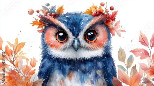 Vibrant watercolor owl surrounded by autumn leaves and flowers, showcasing nature's beauty and wildlife charm.