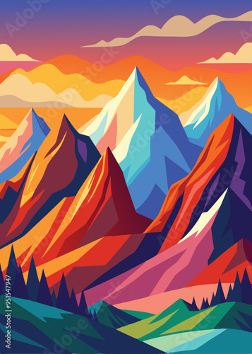 Vector colorful mountain with lake views