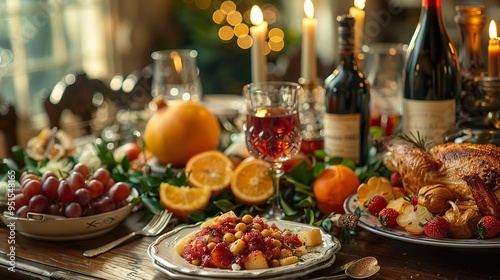 Delicious Holiday Dinner Table Setting with Roasted Chicken and Wine