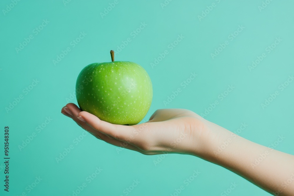 A clean and fresh image showing a hand gently holding a green apple against A clean and fresh image showing a hand gently holding a green apple against